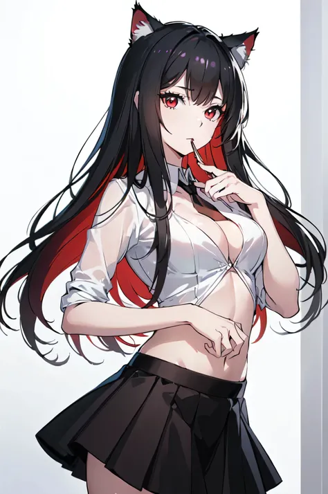 (Cat girl), (smoking), cat ears, black hair, business casual attire, cool, red dress shirt, pretty red eyes, cat tail, ((Crimson Red Eyes eyes: 1.3, Upturned Eyes: 1, Perfect Eyes, Beautiful Detailed Eyes, Gradient eyes: 1, Finely Detailed Beautiful Eyes: ...