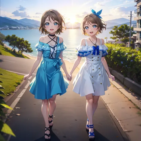 Yo Watanabe, Yu Watanabe, short hair, blue eyes, Brown Hair, smile, happy smile, smile, Open your mouth,Orange hair band,Rocket Pendant,Off-the-shoulder blue dress,Bare neck,Bare shoulders,bare clavicle,Blue long skirt,Cute heeled sandals,evening,Sunset,wa...