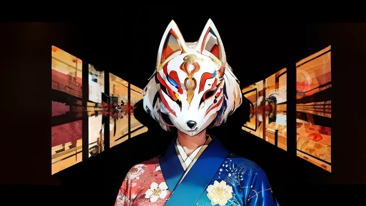 Fox Mask、Silver Hair、Blue kimono、One Girl, Official Art, unity 8k wallpaper, Super detailed, beautifully、aesthetic, masterpiece, highest quality, Realistic, (Abstract background) (zenTangle, Mandala, Tangle, enTangle background:0.7) kitsune, Fox Mask Templ...