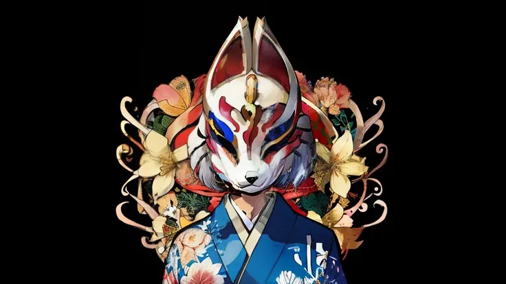 fox mask、silver hair、blue kimono、one girl, official art, unity 8k wallpaper, super detailed, beautifully、aesthetic, masterpiece,...