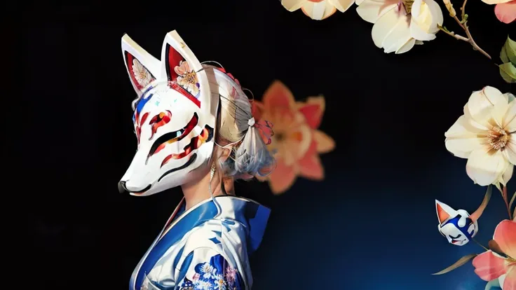 Fox Mask、Silver Hair、Blue kimono、One Girl, Official Art, unity 8k wallpaper, Super detailed, beautifully、aesthetic, masterpiece, highest quality, Realistic, (Abstract background) (zenTangle, Mandala, Tangle, enTangle background:0.7) kitsune, Fox Mask Templ...