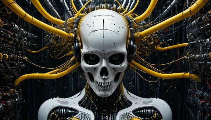 a captivating humanoid skull emerges from a sea of intricate technological components. surrounded by a labyrinth of wires, tubes...