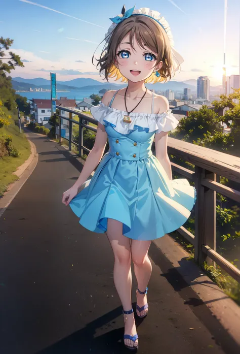 Yo Watanabe, Yu Watanabe, short hair, blue eyes, Brown Hair, smile, happy smile, smile, Open your mouth,Orange hair band,Rocket Pendant,Off-the-shoulder blue dress,Bare neck,Bare shoulders,bare clavicle,Blue long skirt,Cute heeled sandals,evening,Sunset,wa...