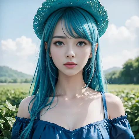 anime girl with blue hair wearing a straw hat and a blue dress, artwork in the style of guweiz, beautiful anime portrait, guweiz, beautiful anime girl, beautiful anime style, anime girl with teal hair, anime style. 8k, in the art style of bowater, beautifu...