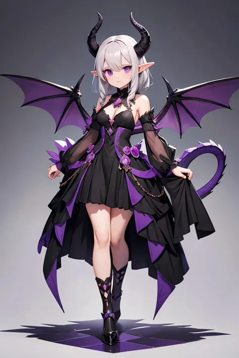 draconic woman with horns and a black dress, medieval, dragon, beautiful elegant dragon princess, gothic maiden anime girl, dragon girl, anime monster girl, short wavy silver hair front braid, no bangs, purple eyes, LARGE purple dragon wings, long dragon t...