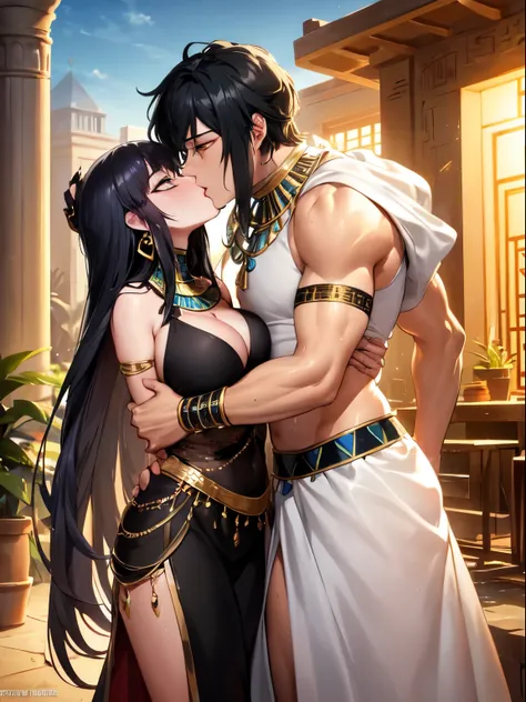 (SLE, mksks style, detailed background:1.1), (two people:1.3), (mature, female,black skin, fancy 이집트 드레스, long hair, black hair, beautiful hair, eye 위의 머리카락, yellow_eye, voluptuous body),(male,Egyptian Men, black skin, muscular, 노란eye),((kiss)), sweat, exc...