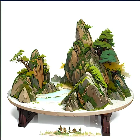 A small display of rocks and trees on the table, Original landscape, Detailed scenery —width 672, There is a miniature indoor lake, Detailed scenery, tabletop model, Landscape Art, by Yuan Jiang, zhuoxin ye, 3D Landscape, 3D Landscape, Inspired by Li Shixi...