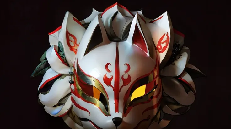 Fox Mask、Silver Hair、One Girl, Official Art, unity 8k wallpaper, Super detailed, beautifully、aesthetic, masterpiece, highest quality, Realistic, (Abstract background) (zenTangle, Mandala, Tangle, enTangle background:0.7) kitsune, Fox Mask Template, Haori, ...