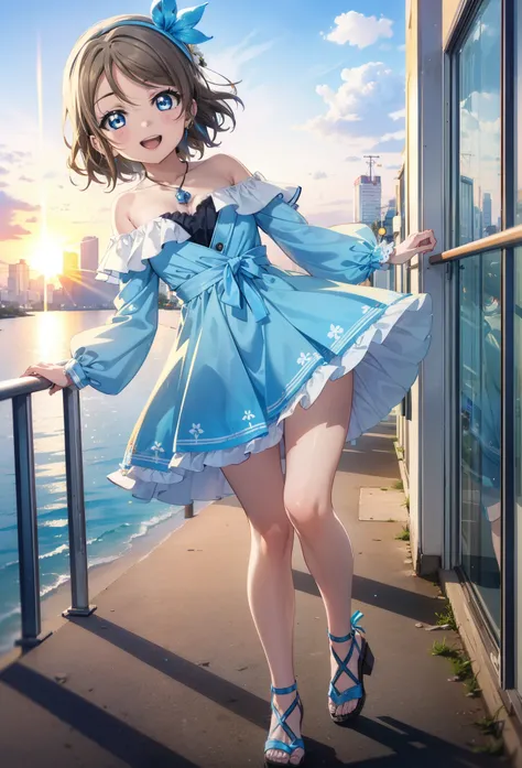 Yo Watanabe, Yu Watanabe, short hair, blue eyes, Brown Hair, smile, happy smile, smile, Open your mouth,Orange hair band,Rocket Pendant,Off-the-shoulder blue dress,Bare neck,Bare shoulders,bare clavicle,Blue long skirt,Cute heeled sandals,evening,Sunset,wa...