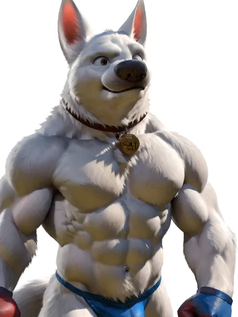 bolt the dog, adult, masculine, male, very muscular:1.5, muscles:1.5, abs, sixpack, strong chest, muscular shoulders, strong body, muscular neck, biceps, triceps, lats, wide chest, taran fiddler style, virtyalfobo style, (no background, white background):1...