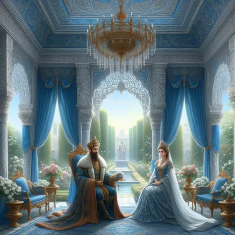 a painting of a couple of people sitting in a room, by Alexander Kucharsky, royal painting, royal portrait painting, beautiful render of a fairytale, futuristic persian palace, fairytale painting, royal portrait, in their noble mansion, beautiful fantasy a...