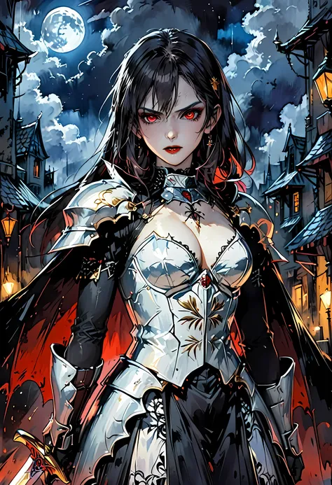 Arafed, dark fantasy art, gothic art, a picture of a vampire ready for battle, female vampire, armed with a sword, wearing heavy armor, (white armor: 1.3) with intricate (white: 1.3) (lace: 1.4)   armed with a sword, shining sword, ultra detailed face (int...