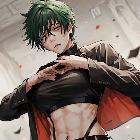 Maki Zenin From Jujutsu Kaisen,Female Verison,Using Shirt black and short pants black,With Bigger Chest,Hair colur green,Touching Chest,HD Quality,4k Resolution,