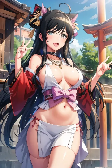 tsubakid4dj,  jewelry, very long hair, choker, shiny, necklace, shiny hair,  swept bangs, ring, big breast, blush, lipstick, masterpiece, best quality, highly detailed, a anime girls in kimono dress with a sword posing for a
picture, bare shoulder,open kim...