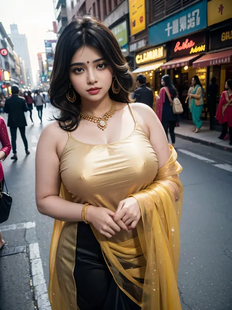 (((desi girl))), chubby face, natural skin, wearing hot deep neck top and dupatta, charming black hair, ((hair ends are blonde)), city streets background, bokeh