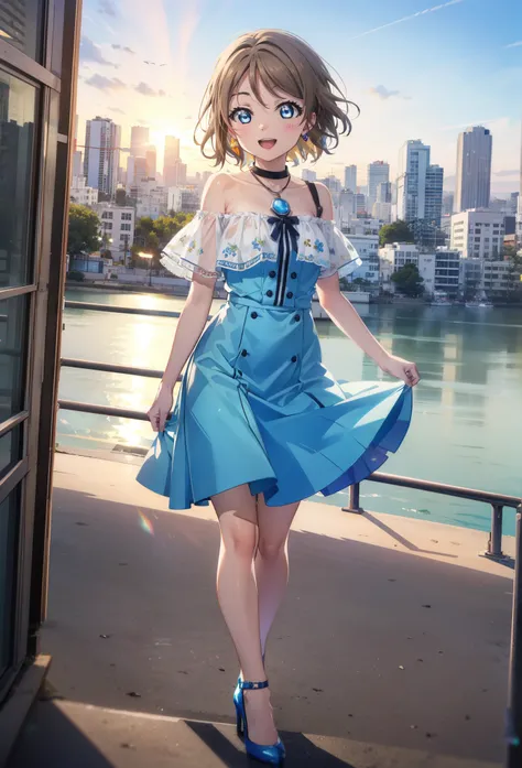 Yo Watanabe, Yu Watanabe, short hair, blue eyes, Brown Hair, smile, happy smile, smile, Open your mouth,Orange hair band,Rocket Pendant,Off-the-shoulder blue dress,Bare neck,Bare shoulders,bare clavicle,Blue long skirt,Cute stiletto heels,evening,Sunset,wa...