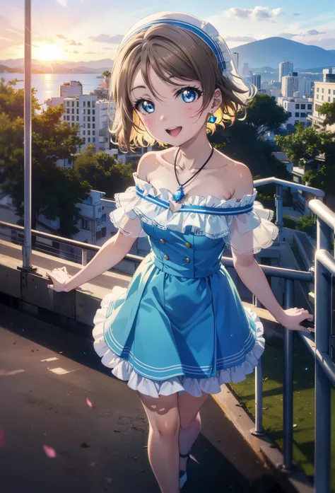 Yo Watanabe, Yu Watanabe, short hair, blue eyes, Brown Hair, smile, happy smile, smile, Open your mouth,Orange hair band,Rocket Pendant,Off-the-shoulder blue dress,Bare neck,Bare shoulders,bare clavicle,Blue long skirt,Cute stiletto heels,evening,Sunset,wa...