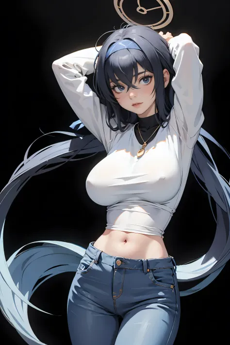 blue skinny jeans , white t-shirt , huge breasts , black background , Huge pelvis