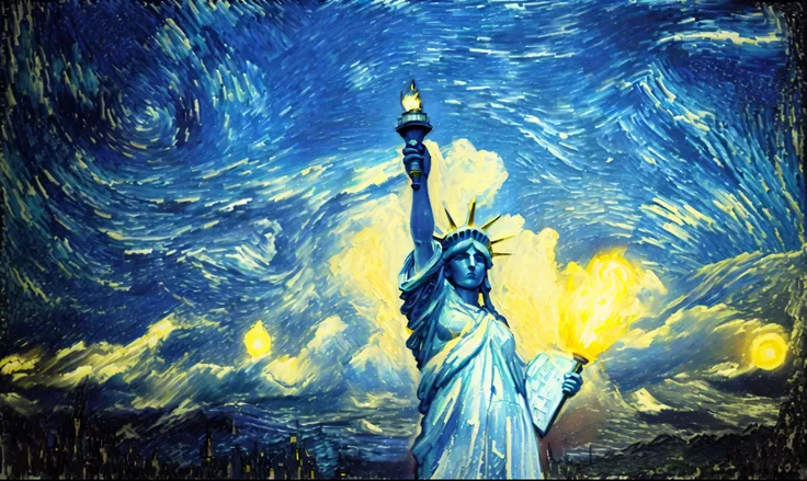 painting of a statue of liberty holding a torch in the air, in style of van gogh, inspired by Marianne von Werefkin, inspired by Vincent Van Gogh, inspired by Vincent Di Fate, style of vincent van gogh, its a deep dream, vincent van gogh style, inspired by...