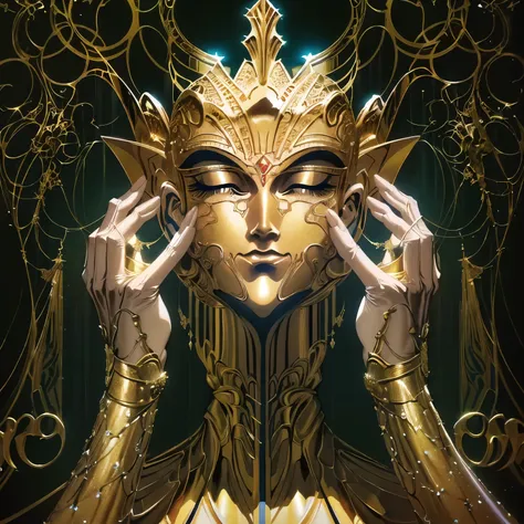 arafed woman in a gold mask and gold dress holding her hands to her face, artgerm julie bell beeple, tom bagshaw donato giancola, intricate wlop, karol bak and peter mohrbacher, tomasz alen kopera and cgsociety, peter mohrbacher donato giancola, fantasy ar...