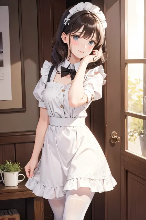 wearing a maid outfit，blush，wear white tights