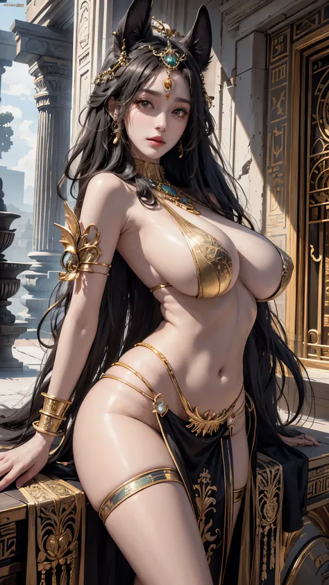 photorealistic, high resolution, soft light,1women, solo, hips up, shining skin, (detailed face), A woman wearing an idol of the god Anubis on her head, jewelry, tattoo,(((Colossal tit)))  