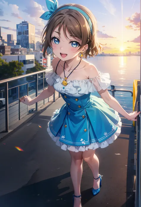 Yo Watanabe, Yu Watanabe, short hair, blue eyes, Brown Hair, smile, happy smile, smile, Open your mouth,Orange hair band,Rocket Pendant,Off-the-shoulder blue dress,Bare neck,Bare shoulders,bare clavicle,Blue long skirt,Cute stiletto heels,evening,Sunset,wa...