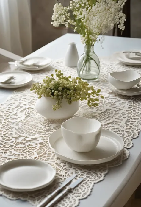 The white lace mat that is always on the dining table, The atmosphere becomes brighter, Lace mat under the plate, A cool impression created by combining natural items such as vases, Stylish interior, Quiet room, Flowing white lace, Delicate lace pattern, C...