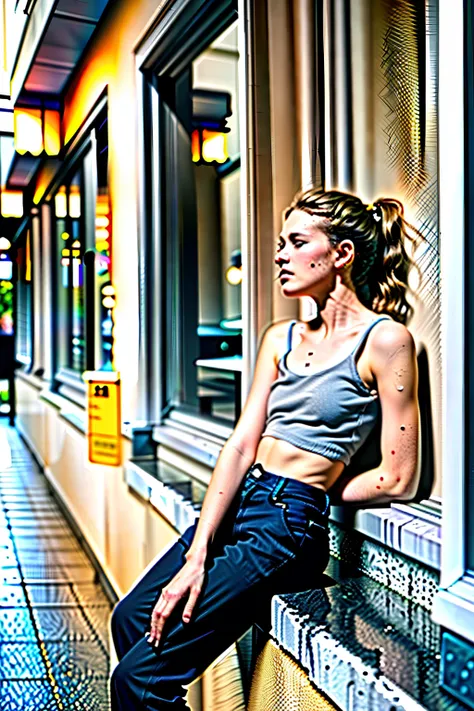 best quality,masterpiece,ultra high res,(photorealistic:1.4),1girl,a woman sitting on a bench in front of a window with a sign t...