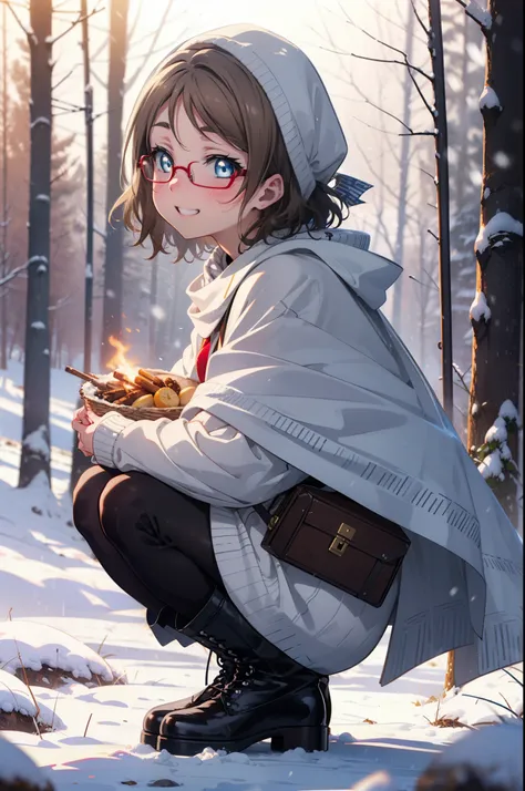 Yo Watanabe, Yu Watanabe, short hair, blue eyes, Brown Hair, smile, Grin,Medium Breast,Black-rimmed glasses,
Open your mouth,snow,Ground bonfire, Outdoor, boots, snowing, From the side, wood, suitcase, Cape, Blurred, having meal, forest, White handbag, nat...