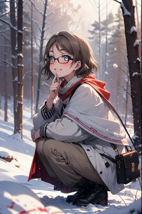 yo watanabe, yu watanabe, short hair, blue eyes, brown hair, smile, grin,medium breast,black-rimmed glasses,
open your mouth,sno...