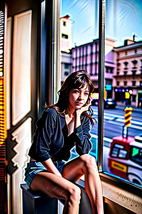 best quality,masterpiece,ultra high res,(photorealistic:1.4),1girl,a woman sitting on a bench in front of a window with a sign t...