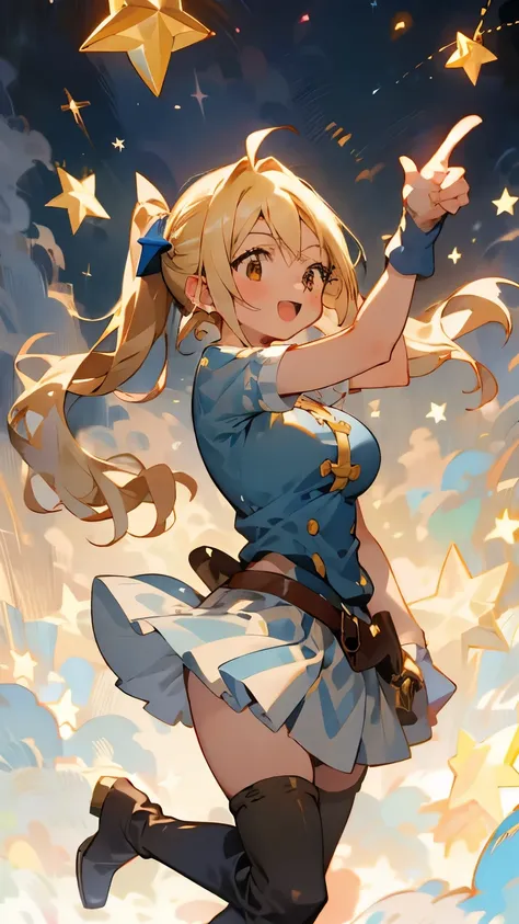 16-year-old girl、One girl, Fairy, Pointed Ears, masterpiece, highest quality, High resolution, Lucy Heartfilia, Lucy Heartfilia, One girl, alone, Blonde Hair, Brown eyes, Long Hair, Side Ponytail, Hair Ribbon, Big Breasts, Earrings, Thigh-high boots, Blue ...