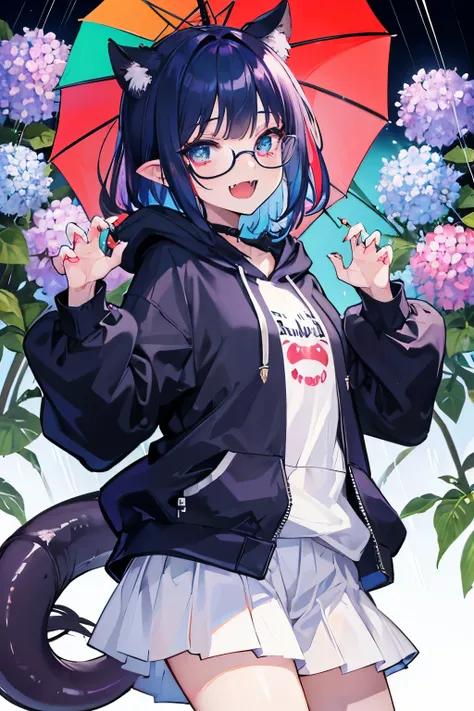 whole body，masterpiece，(fangs:1.5)，umbrella，(ribbon)，rain，claw pose，ひとつのumbrellaに2人，(Rainbow)，rainbow、Beautiful Eyes，hydrangea，depicted in detail，A man wearing blue-rimmed glasses,Wear a cyan hoodie,His expression looks sadistic、There is a fresh wound on h...