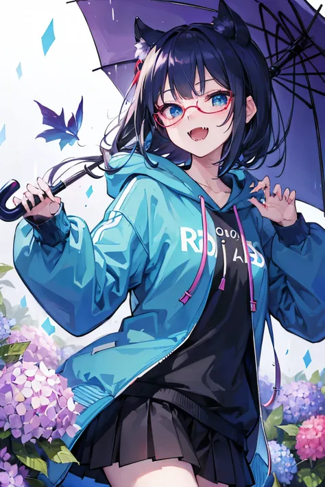 whole body，masterpiece，(fangs:1.5)，umbrella，(ribbon)，rain，claw pose，ひとつのumbrellaに2人，(Rainbow)，rainbow、Beautiful Eyes，hydrangea，depicted in detail，A man wearing blue-rimmed glasses,Wear a cyan hoodie,His expression looks sadistic、There is a fresh wound on h...