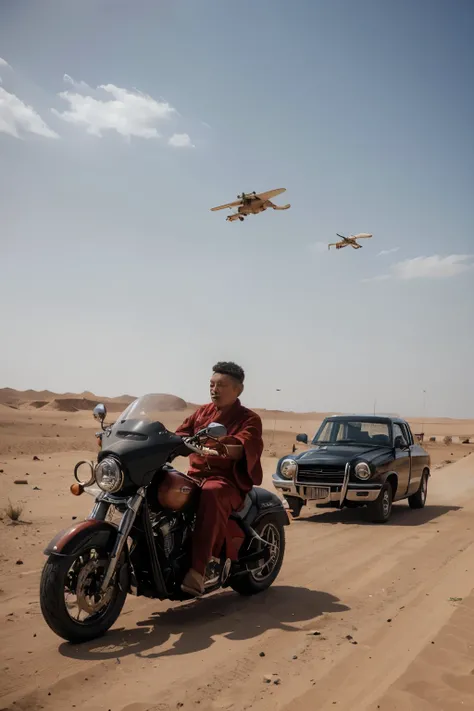 A Chinese monk，Wearing a red monks robe，Cars and Harley motorcycles driving in the Sahara Desert，There are three pterosaurs flying in the sky