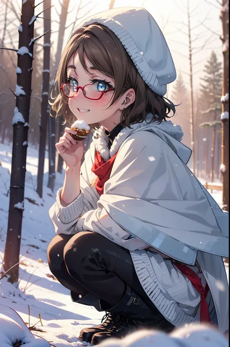 yo watanabe, yu watanabe, short hair, blue eyes, brown hair, smile, grin,medium breast,black-rimmed glasses,
open your mouth,sno...