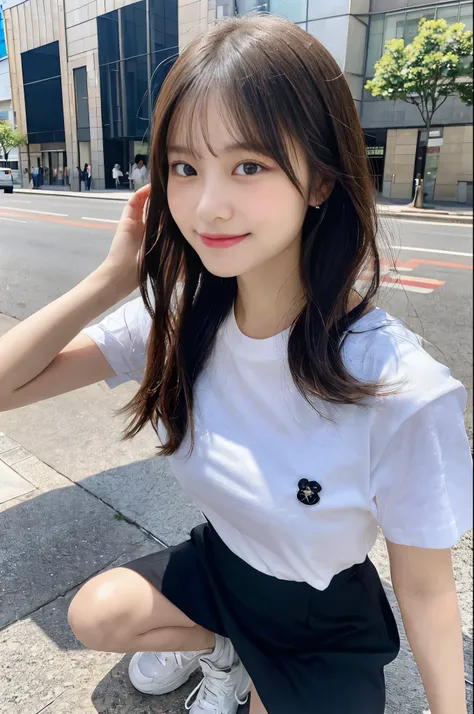 (Full Body:1.4), (Masterpiece, Top quality, Ultra High Definition, 8K),(realistic, photo-realistic:1.4),  (1 cute Japanese woman:1.2), age 18,  (round face, moon face:1.3), Shiny Hair, Straight Hair, (Absurdly Long Hair:1.3), glossy lips, flawless skin, T-...