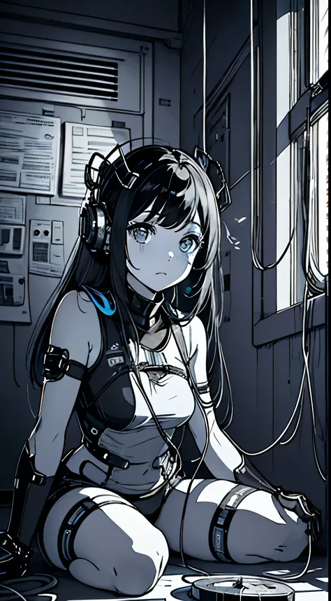 Japanese 10-year-old girl, long hair, big eyes, small mouth, wearing underwear, panties, showing skin, holding laser gun in both hands, shy, shy, sexy figure, mechanical clothes, mechanical clothes, cyberpunk style , inside the spaceship, complex, mechanic...