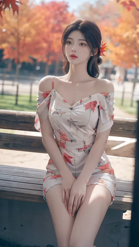 print dress, off shoulder,  fashi-girl. red lips, mature female, makeup, ((random shooting angles)), (best quality, masterpiece:...