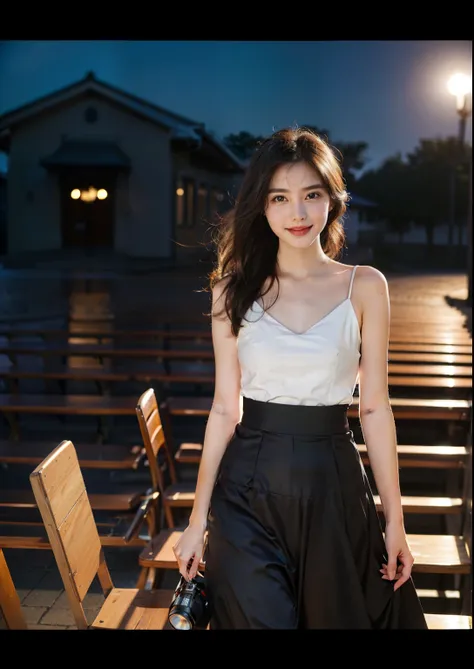 Beautiful 17 year old tall and slender woman。She is smiling. She is wearing a wedding dress. She is illuminated by sunset light. the evening church lights is on . her black hair. High resolution、masterpiece、highest quality、頭w:1.0、((Hasselblad Photos))、fine...