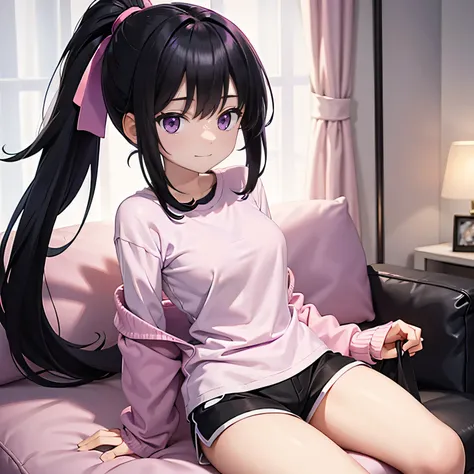 Black hair, purple eyes, long hair, black and pink t-shirt, black and pink shorts, white skin, apartment, medium breast, sitting, happy, tucked shirt, ponytail hair, baggy clothes