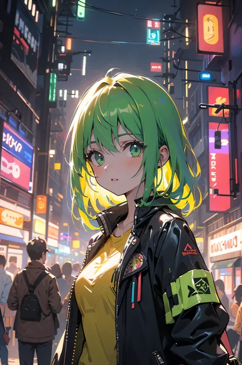 (masterpiece), (highest quality), Ultra-high resolution, Sharp focus, ((1 female, alone)), whole body, Cyberpunk Theme, Beautiful detailed hair, Chestnut Hair, long hair hangs down, Beautifully detailed face, ((Beautifully shaped eyes, Green Eyes)), Perfec...