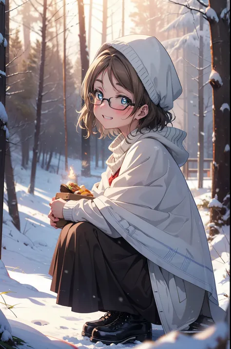 Yo Watanabe, Yu Watanabe, short hair, blue eyes, Brown Hair, smile, Grin,Medium Breast,Black-rimmed glasses,
Open your mouth,snow,Ground bonfire, Outdoor, boots, snowing, From the side, wood, suitcase, Cape, Blurred, having meal, forest, White handbag, nat...