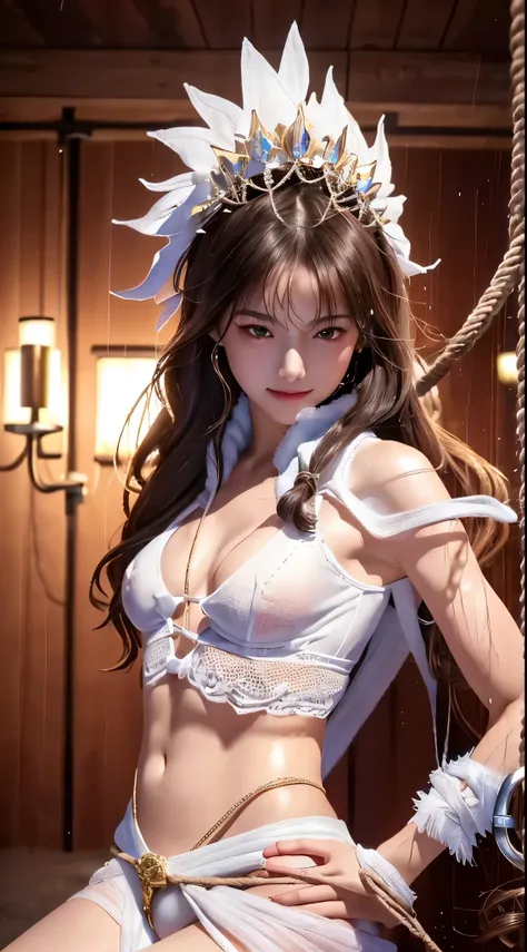 Brunette Girl, big Smile, Super beautiful sparkling eyes、Girl hanging from ceiling with arms tied with rough rope、Sweat、The rope bound her body、Wet body、Rough rope digging into crotch、A large amount of liquid flows out from the groin、One leg is suspended a...