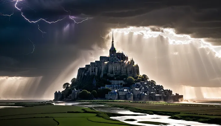 Le Mont-Saint-Michel lies in the storm, dramatic clouds through which the sun shines, strum, gout, cinematic lightning, 