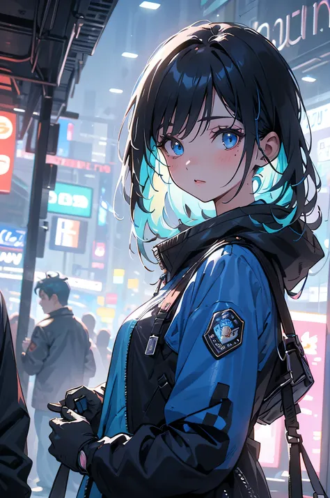 (masterpiece), (highest quality), Ultra-high resolution, Sharp focus, ((1 female, alone)), whole body, Cyberpunk Theme, Beautiful detailed hair, Light blue hair, long hair hangs down, Beautifully detailed face, ((Beautifully shaped eyes, Blue Eyes)), Perfe...