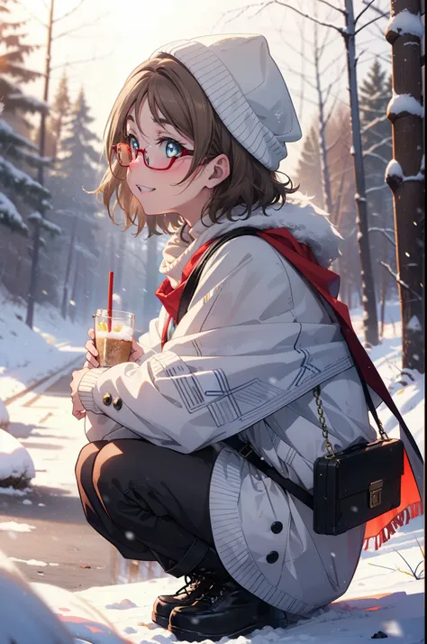 Yo Watanabe, Yu Watanabe, short hair, blue eyes, Brown Hair, smile, Grin,Medium Breast,Black-rimmed glasses,
Open your mouth,snow,Ground bonfire, Outdoor, boots, snowing, From the side, wood, suitcase, Cape, Blurred, having meal, forest, White handbag, nat...