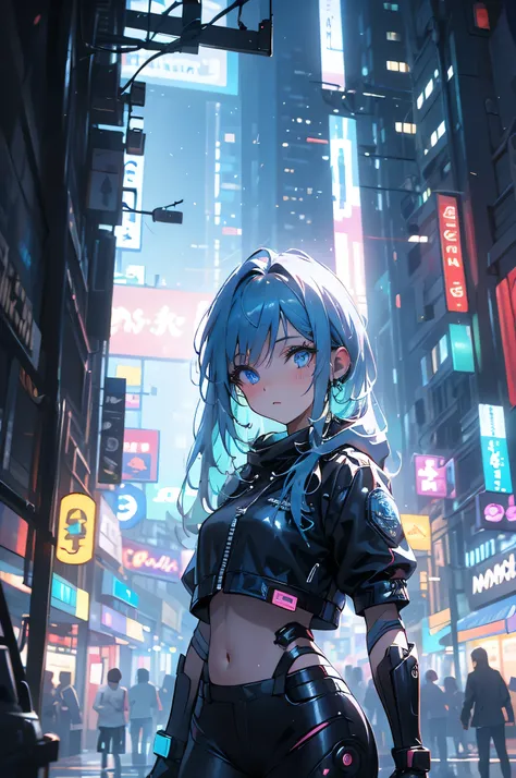 (masterpiece), (highest quality), Ultra-high resolution, Sharp focus, ((1 female, alone)), whole body, Cyberpunk Theme, Beautiful detailed hair, Light blue hair, long hair hangs down, Beautifully detailed face, ((Beautifully shaped eyes, Blue Eyes)), Perfe...