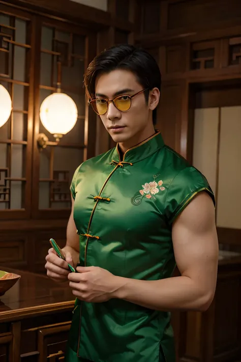 Male anime, handsome and elegant, wearing a green Chinese cheongsam. Wear orange glasses